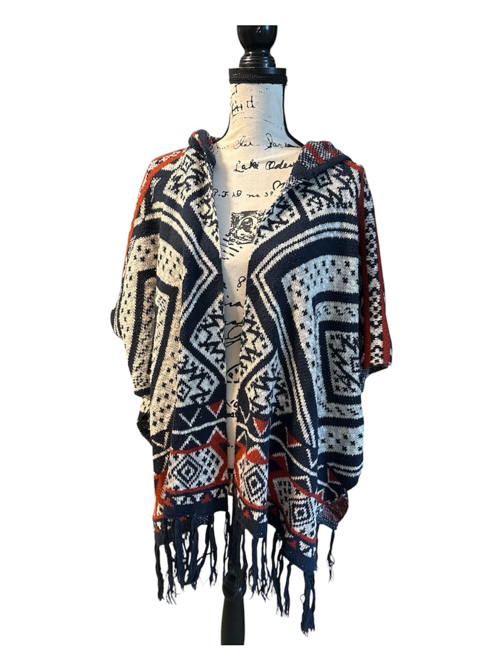 Hooded Poncho Cardigan Aztec Southwestern Fringe Boho Oversized One Size